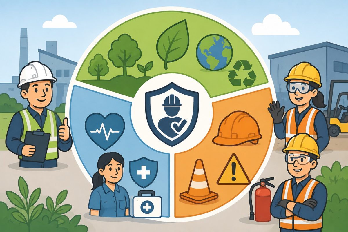 Workers in high visibility vests and hard hats around a circular diagram of environmental, health and safety icons